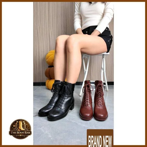 Victorian Lace Up Ankle Booties Side Zipper Chunky Heel Vintage Steampunk - Picture 7 of 7